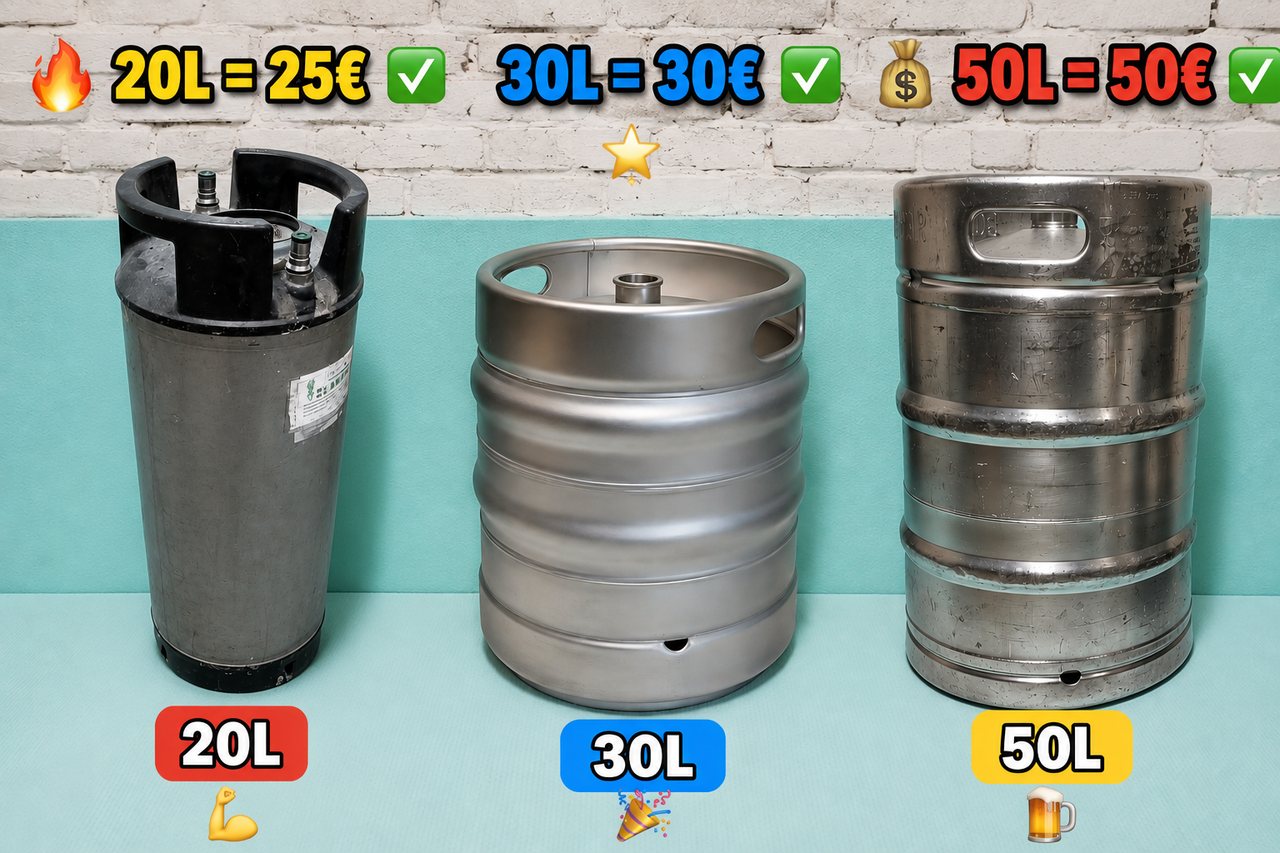 Usporedba tri inox bačve na prodaju: 20 litara za 25 eura, 30 litara za 30 eura i 50 litara za 50 eura.