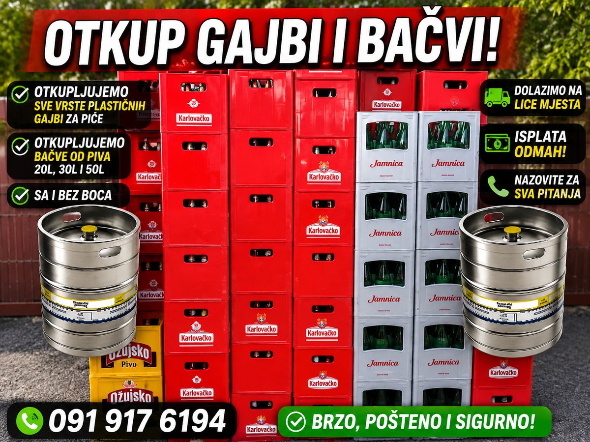 Otkup gajbi i bačvi: otkupljujemo sve vrste plastičnih gajbi za piće i pivske bačve 20L, 30L i 50L, sa i bez boca. Dolazimo na lice mjesta, isplata odmah. Nazovite 091 917 6194.